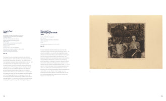 An open art book displaying pages 112 and 113. The right page features a black-and-white etching from 1894 titled Sitzende Frau mit Säugling im Schoß, showing a woman holding a baby in a dimly lit room. Both pages contain descriptive text in German about the artworks.