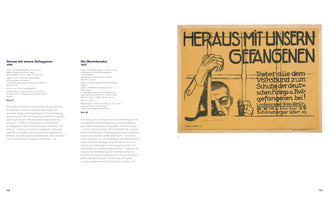 A two-page spread from an art book, featuring a 1919 lithograph poster by Käthe Kollwitz on the right. The poster, titled Heraus mit unsern Gefangenen, shows a charcoal-style drawing of a man with a haunted expression gripping the bars of a prison cell against a yellow background. The left page contains descriptive German text.