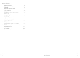 A two-page spread from a book, featuring the table of contents on the left page against a clean, white background. The text is in a simple grey font, listing sections like Acknowledgements, Foreword, Exhibition Images, several essays with author names, Biographical Notes, and List of Works, along with their page numbers. The right page is completely blank, emphasizing the minimalist design. The page numbers 2 and 3 are visible at the bottom of the left and right pages respectively.