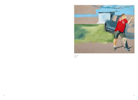 A book page with a painting on the right titled .30-.30, 2013. The expressive painting on a tan canvas shows a person in a red shirt with the number 8 and a cap leaning against a dark truck. The background features a patch of green grass, a white structure, and a blue sky.