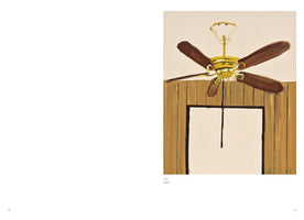 A page from a book or catalog displaying a painting on the right. The artwork, titled Cut, 2022, is a low-angle view of a gold and brown ceiling fan. Below the fan is the top of a wood-paneled wall and a black-outlined doorway or window.