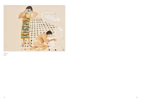 A painting from 2022 titled Lawyer, showing a bathroom scene in a loose, expressive style. On a black and white tiled floor, a nude person kneels over a toilet bowl. To the left, another person in a colorful striped dress stands and takes a photograph of the scene with a camera.