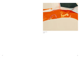 A book page with page number 25 showing an abstract painting titled Orange Tent, 2020. The painting features a large cream-colored area in the foreground. Above this is a wide band of vibrant orange with a small white arch outlined in red. The top of the painting contains angular shapes in white, dark green, and red.