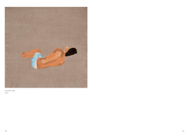 A page from a book displays the painting Summer Nap from 2017. The minimalist artwork on a brown canvas shows a figure with tan skin and black hair, wearing light blue swim trunks. The person is curled on their side, as if sleeping, and rendered with thick, expressive brushstrokes.