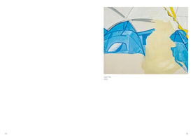 A two-page book spread showing an abstract painting on the right page, number 59. The painting, titled Tent City, 2010, depicts fragmented bright blue tents against a background of white and pale yellow. Broad, gestural brushstrokes define the composition. The left page, number 58, is blank.