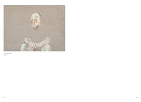 An expressionist oil painting on a plain, light brown canvas titled The Righteous. The painting shows the head and crossed arms of a person, seemingly floating. The figure has a shaved head and closed eyes, and their face is rendered in thick, textured strokes of white, beige, and rust colors.