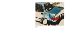 A page from a book displaying a painting titled Accord, 2021. The artwork is an expressive, close-up depiction of the rear three-quarter view of a sedan, rendered in loose, bold brushstrokes of blue, white, and black, with red accents for the taillights.