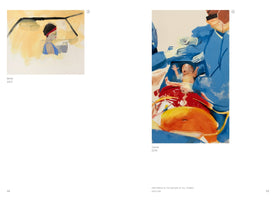 A two-page spread from a book by Ken Lum. On the left, a painting titled Betty, 2012, shows a woman with a red headband in profile. On the right, a painting titled Carrie, 2019, shows a newborn baby being held by doctors in blue scrubs during a C-section birth.
