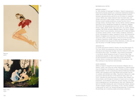 A two-page spread from an art catalogue, showing pages 100 and 101. The left page displays two paintings: at the top is Repose, 2013, an abstract painting of a reclining woman, and at the bottom is Bear Trails, 2022, a painting of several figures in a forest. The right page is titled Biographical Notes and contains text about Brenda Draney, Graham Foy, and David Garneau.