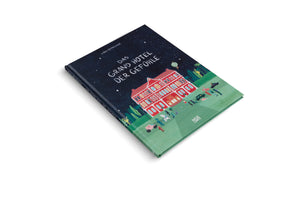 A hardcover book titled Das Grand Hotel der Gefühle by Lidia Branković, shown at an angle on a white background. The cover features a whimsical illustration of a large, red hotel at night under a starry sky, with many colorful, stylized figures and vehicles on the green lawn in front.