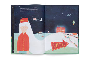 A whimsical two-page illustration from a children's book. On the left, a hotel manager with long, flowing white hair wears a red uniform against a starry night sky. Her hair sweeps across the page to the right, forming a white hill where a large, illuminated red hotel sits. A winding path with a long queue of small, colorful figures leads up to the hotel entrance. The dark sky features a hot air balloon, an airplane, and a carriage pulled by a flying swan.