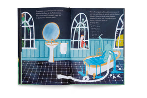 A two-page spread from an illustrated book depicting a surreal bathroom. A large, sad, blue creature sits in a bathtub, which is overflowing and flooding the dark tiled floor. A small person with white hair and a red top sits on a windowsill looking on. A roll of toilet paper is unraveled across the wet floor. The pages include German text.
