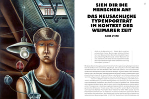 A page from a book showing a painting on the left and German text on the right. The painting is a New Objectivity portrait of a young person with short, light-brown hair and striking blue eyes, gazing forward with a serious expression. They are in an attic-like room with a hanging lamp. The text on the right has a large, bold title: SIEH DIR DIE MENSCHEN AN! DAS NEUSACHLICHE TYPENPORTRÄT IM KONTEXT DER WEIMARER ZEIT by Anne Vieth.