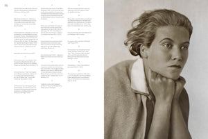 A two-page spread from a book. The left page, numbered 70, contains a numbered list of text in German. The right page features a large, sepia-toned photograph of a woman with short, wavy hair resting her chin on her hands, looking away with a thoughtful expression. The numbered text continues above her portrait.