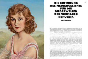 A book page layout featuring a portrait painting by Christian Schad on the left and a block of German text on the right. The painting shows a woman with styled, wavy, light-brown hair and makeup from the 1930s. The text on the right has a large, bold, black title that reads DIE ERFINDUNG DES MEDIENGESICHTS FÜR DIE BILDERWELTEN DER WEIMARER REPUBLIK.