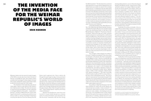 A two-page spread from an academic text, showing pages 86 and 87. The top of the left page features the title in a large, bold, black font: THE INVENTION OF THE MEDIA FACE FOR THE WEIMAR REPUBLIC'S WORLD OF IMAGES. The author is listed as ERIK KOENEN. The rest of both pages is filled with columns of text.