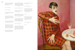 A two-page spread from a book. The left page, numbered 88, contains numbered paragraphs of text in German. The right page features a colorful painting of a person with short dark hair, a pale face, red lipstick, and a monocle, wearing a red and black checkered turtleneck. They are sitting in a golden chair at a small marble table, holding a smoking cigarette. A cocktail glass and matches are on the table against a pink background.