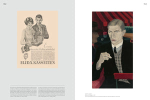 A two-page spread from a book. The left page, 152, features a vintage black-and-white advertisement for Elida Kassetten cosmetics, showing a man and a woman looking at an open gift box. The right page, 153, displays a 1927 painting by Grethe Jürgens of a man in a suit and checkered vest, holding a cigarette and staring intensely forward. Both pages have captions and descriptive text below the images.