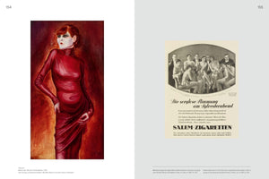 A two-page book spread. On the left, page 154, is Otto Dix's 1925 painting, Portrait of the Dancer Anita Berber, showing her in a sleek, high-necked red dress against a dark red backdrop. On the right, page 155, is a black-and-white 1927 German advertisement for Salem cigarettes, featuring a group of revue performers celebrating.