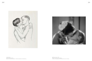 A two-page spread showing two images of same-sex kisses. On the left, a 1929 pencil drawing by Christian Schad, Liebende Knaben, shows two shirtless young men with short hair in an intimate embrace. On the right, a grainy black and white film still from the 1931 movie Mädchen in Uniform shows a close-up of two women kissing.