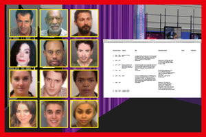 A composite digital image with a thick red frame, showing a grid of 12 pixelated celebrity mugshots in yellow boxes on the left. On the right, a computer window displays a film script breakdown in German. The background consists of a purple curtain texture and a digitally rendered room with monitors.