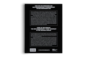 A photograph of the back cover of a black book standing on a white surface. The cover features bold white text in both German and English. The main title reads, SIEH DIR DIE MENSCHEN AN! and LOOK AT THE PEOPLE!, followed by descriptive paragraphs. At the bottom are a barcode and the logos for Kunstmuseum Stuttgart and Kunstsammlungen Chemnitz.