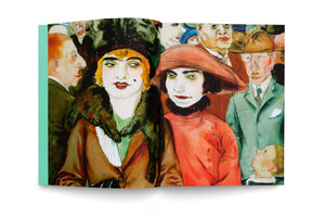 An open book displaying a colorful, expressionist watercolor painting of a dense crowd. The central figures are two women in 1920s-style hats and coats with pale, heavily made-up faces. They are surrounded by the varied and somewhat caricatured faces of men and a small child.