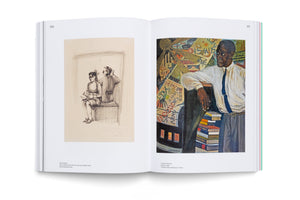 An open art book viewed from above, displaying pages 170 and 171 against a white background. On the left is a monochrome sketch of a woman with glasses holding a baby, sitting next to a man with his back turned. On the right is a colorful painting of a Black man in a shirt and tie leaning on a stack of books, in front of a busy, collage-like background filled with text and symbols.