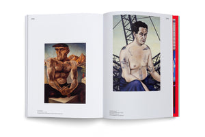 An open art book on a white surface, displaying a two-page spread with paintings from the 1920s. On page 248 is Otto Griebel's painting of a muscular, tattooed man in a cap. On page 249 is Christian Schad's painting of a tattooed man sitting in front of a steel lattice structure.
