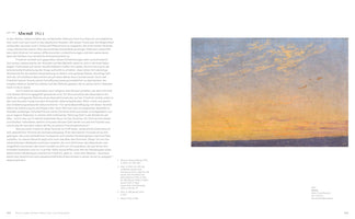 A two-page spread from an art book. On the left is a block of German text titled Abend 1824. On the right is a horizontal oil painting of a sunset. The sky fills most of the canvas, with a warm golden-yellow glow near the dark, silhouetted horizon that fades upwards into a pale, hazy blue. Wispy, thin clouds drift across the upper part of the sky.