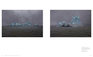 A two-page book spread with two photographs of large, pale blue icebergs floating in a dark, choppy sea under an overcast grey sky. In the photo on the right, a small human figure stands atop the highest peak of an iceberg, with several birds flying overhead.
