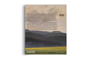 The back cover of a book from the Hamburger Kunsthalle, shot at an angle against a white background. The cover features a large block of German text and a barcode on the top half. The bottom half shows a romantic landscape painting of dark, rolling hills in front of a sunlit yellow field.