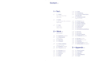 A table of contents from a book, presented in a clean, two-column layout on a white page. The content is divided into three main sections: 1 – Text, 2 – Work, and 3 – Appendix. Each section, marked with a blue heading and accompanying Korean characters, lists various chapters and their page numbers.