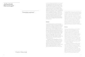 A page from a book or catalog with a two-column layout. The left column contains text in German, and the right column features the same text translated into English. The text discusses an art exhibition on textiles and the Bauhaus, with the section titles Emerging surprises and Bauhaus visible. The name Friedrich Meschede is printed at the bottom.