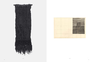 A two-page spread from a book. The left page shows a long, narrow, black woven textile with a heavily textured surface and a fringed bottom, hanging vertically. The right page displays a drawing on paper with a grid of dashed lines; four squares on the right are filled with dense black cross-hatching.