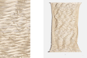 A two-panel image of a woven textile. On the right, a rectangular, cream-colored wall hanging is displayed, featuring a sculptural texture of horizontal, undulating waves. The left panel is a close-up detail of the fabric, showing its intricate weave of sheer and opaque bands, with thin, dark threads accentuating the wavy, ruffled pattern.