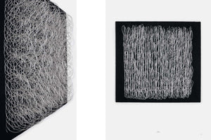 A two-panel image from a book displaying an abstract artwork. The right panel shows a black square canvas filled with a dense, chaotic scribble of thin, silvery thread. The left panel is a close-up, angled view of the same piece, highlighting the three-dimensional, layered texture of the tangled threads.