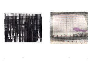 A two-page book spread displaying two contrasting abstract artworks. On the left is a black and white ink piece with a dense pattern of thick vertical lines and thin horizontal lines. On the right is a colorful needlepoint artwork with a dark, repeating-pattern border and a central area of intricate, multicolored stitches on a grid.
