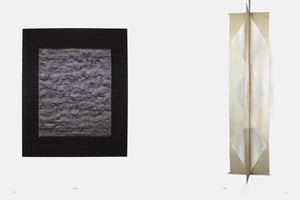 A composite image from a book showing two textile artworks. On the left, a square black wall hanging contains a central, textured grey woven rectangle. On the right, a three-dimensional, cream-colored hanging sculpture is formed by intersecting panels decorated with white, vertically-striped diamond shapes.