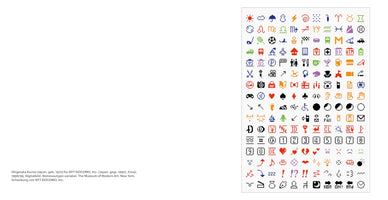 A digital image showing the original set of 176 emoji created by Shigetaka Kurita for NTT DOCOMO in 1999. The colorful, pixelated icons are arranged in a grid on the right side of the image and include symbols for weather, zodiac signs, food, technology, and emotions. A caption in German is visible in the bottom-left corner.