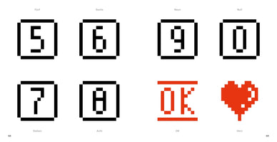 A white page displays eight icons in a retro, pixelated style. In two rows are the numbers 5, 6, 9, 0, 7, and 8 in black boxes, followed by the letters OK in red between two lines, and a red pixel art heart. Each icon is labeled in German.