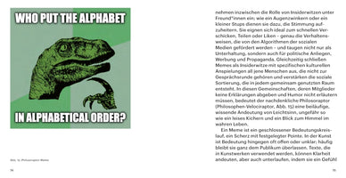 A page from a German publication displaying the Philosoraptor meme on the left. The meme features a green, illustrated Velociraptor in a pensive pose with its claw to its chin. Text on the meme reads, Who put the alphabet in alphabetical order? A block of German text on the right analyzes the function of memes in culture.