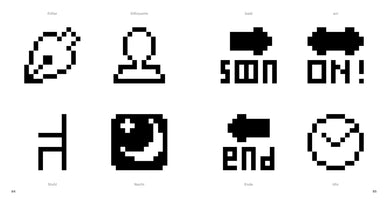 A book page displaying eight black and white pixel art icons with German labels in a two-by-four grid. The top row shows a fountain pen, a person's silhouette, an arrow with the word SOON, and a toggle switch in the ON position. The bottom row shows a chair, a moon and star, an arrow with the word END, and an analog clock.