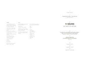 A minimalist two-page spread of an exhibition catalog in German. The left page lists lenders and partners. The right page is the table of contents, featuring the main title 11 RÄUME Mit Texten von Jeff Wall, along with other chapter titles, author names, and page numbers, all in black text on a plain white background.