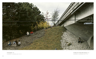 A page from a book displays two photographs side-by-side, forming a single wide landscape of an urban fringe area under an overcast sky. The left photo, The Storyteller, shows a few people sitting on a muddy, grassy slope beside a dense forest. The right photo, A Sudden Gust of Wind, shows a lone person crouching on a cobblestone embankment beneath a large concrete overpass.