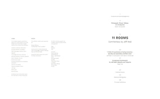 A two-page spread from an art exhibition catalog with a minimalist, clean design. The left-hand page lists Lenders and Partners. The right-hand page is a table of contents, prominently featuring the title 11 ROOMS, Commentary by Jeff Wall. Other entries include Foreword and Acknowledgments, Photograph. Picture. Tableau., Exhibited Works, and a bibliography. The text is a simple black sans-serif font on a white background.