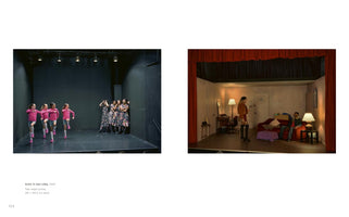 A page from a book showing a diptych titled Actor in two roles. The image on the left features four young girls in pink outfits dancing on a dark stage, while a group of women in floral dresses watch from the back corner. The image on the right shows a stage set of a dimly lit room where a man sits on a red sofa and a woman stands nearby, framed by a red theater curtain.