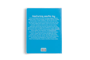 The back cover of a book with a bright blue background, set against a white surface. The cover features white text in a pixelated font, starting with the heading featuring works by, followed by a long list of contributors. A barcode and ISBN are visible at the bottom.