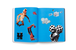 An open art book on a white background, displaying a two-page surrealist collage against a bright blue sky. The left page features a floating child with stylized hair, a red leaf, a jagged red and black creature, and two small black figures. The right page shows a satellite, a cloud of bubbles, and two black-and-white polka-dotted figures embracing.