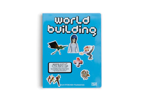 The bright blue cover of the book World Building: gaming and art in the digital age. The title is written in a white, pixelated font. The cover is adorned with various sticker-like illustrations of digital characters and symbols, including an alien-like figure, a cartoon animal, and a winged creature.